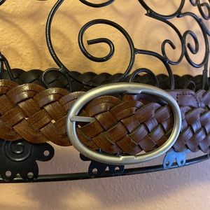 Brown genuine leather wide woven belt with silver oval hardware